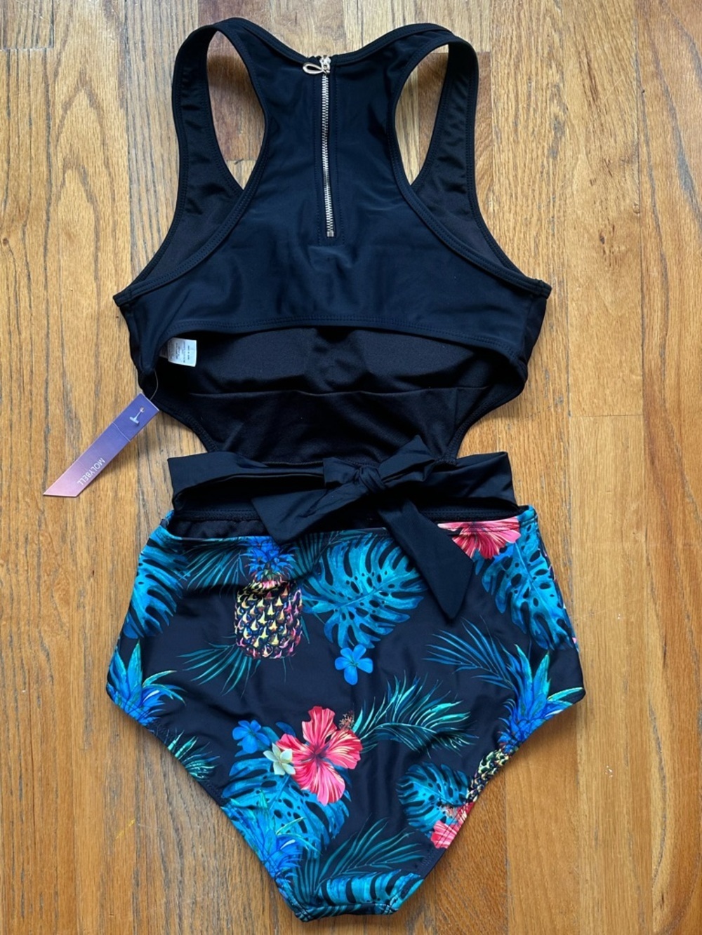 Black Tank One-Piece Swimsuit with Tropical-Print High-Waist Bottom - Picture 5 of 7